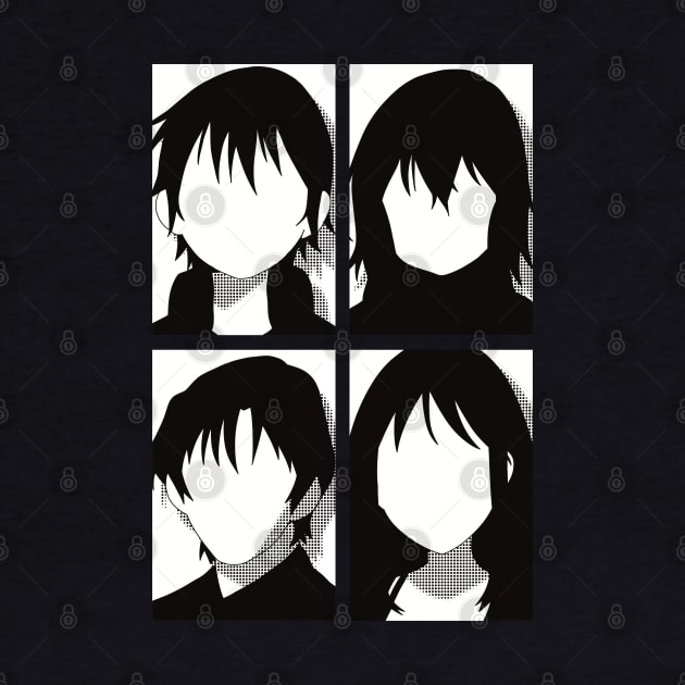 Erased anime | All main character in black and white pop art minimalist design | Satoru fujinuma x Kayo hinazuki x Airi katagiri x Gaku yashiro by Animangapoi